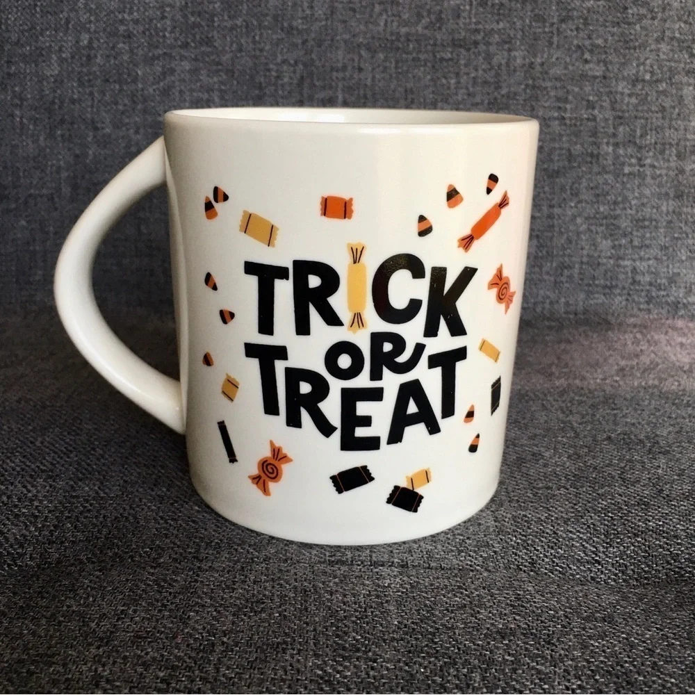 “TRICK OR TREAT” Coffee Mug, Ivory, Cream, Black, Fall Colors, 16 oz